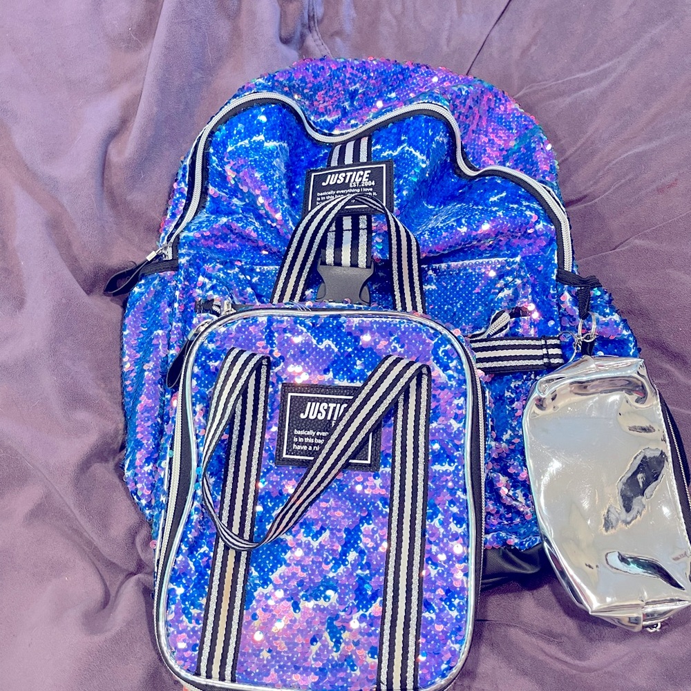 Justice book bags. cool blue and lavender (3) pcs  Pastel book bag